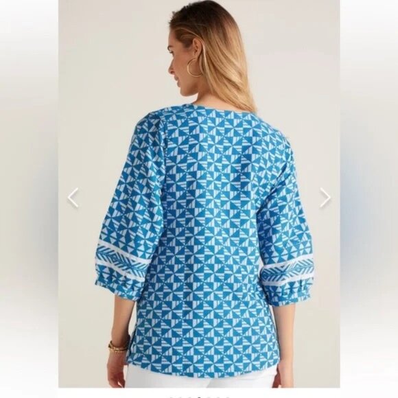 SOFT SURROUNDINGS Blue Geometric Print Tunic Sz Medium Narah Top Cotton Blend - Picture 2 of 9